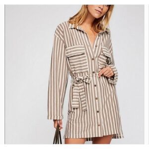 Free People FP Beach Striped Crossroads Tunic Dress Size Medium Tan White Vacay